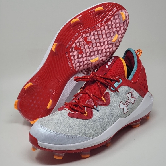 Under Armour UA Harper Elite TPU White Red Men Sz 14 Baseball Cleats 3026591-001 - Picture 1 of 9
